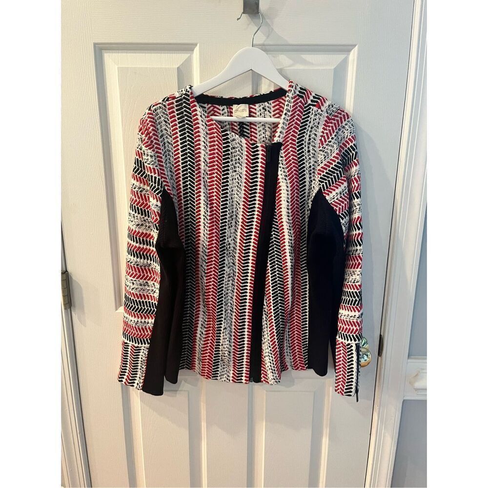 Chicos Red Black White Chevron Side Zip Sweater Jacket sz 2 or L EUC